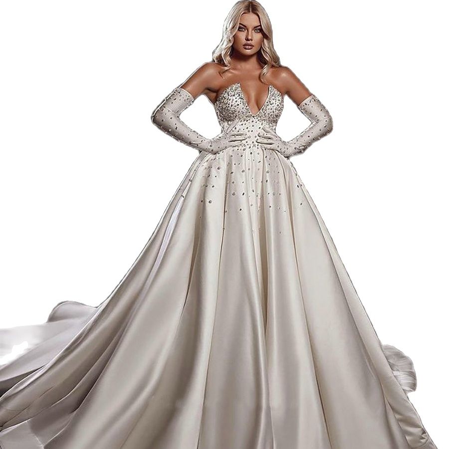 Charming Strapless Wedding Ball Dress Beading Crystal Saudi Arabic Bridal Gown Pearls Satin Dubai Dress Vestido De Novia