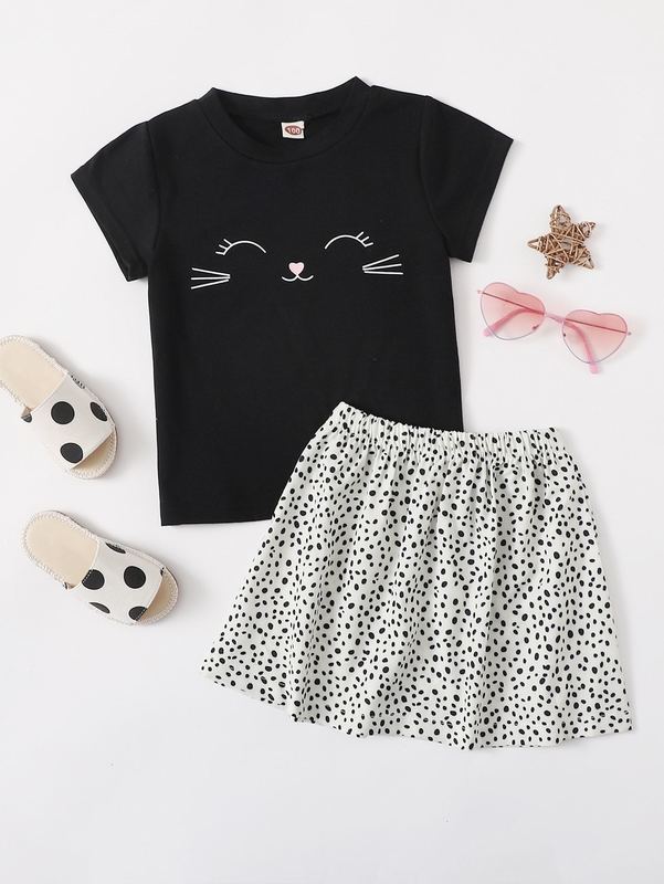 Toddler Girls Cartoon Graphic Tee & Confetti Print Skirt SHE