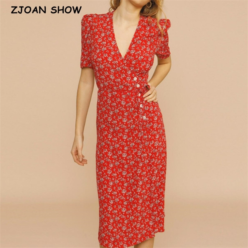 Retro V neck Front Slit Flower Wrap Dress Woman Tie Bow Lace up Waist Short Sleeve Below Knee Tea Dresses Holiday Robe 220511