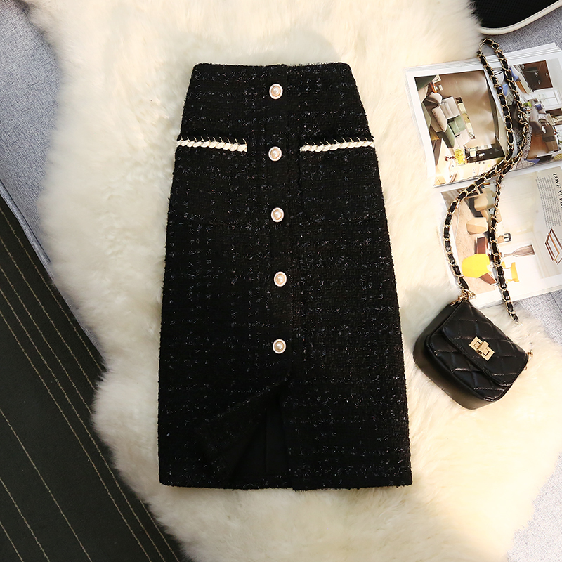 Black White Tweed Long Skirt Autumn Winter Bright Silk Female Vintage High Waist A-line Wrap Office Lady 220322