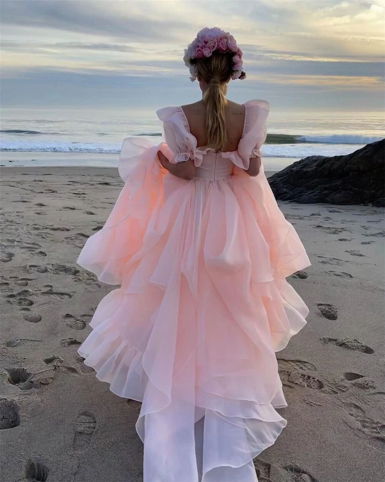 2022 Sexy Slit Blush Pink Prom Dresses For Women Sweetheart Short Sleeve Long Beach Formal Party Gowns A Line Ruffles Engagement Evening Dress