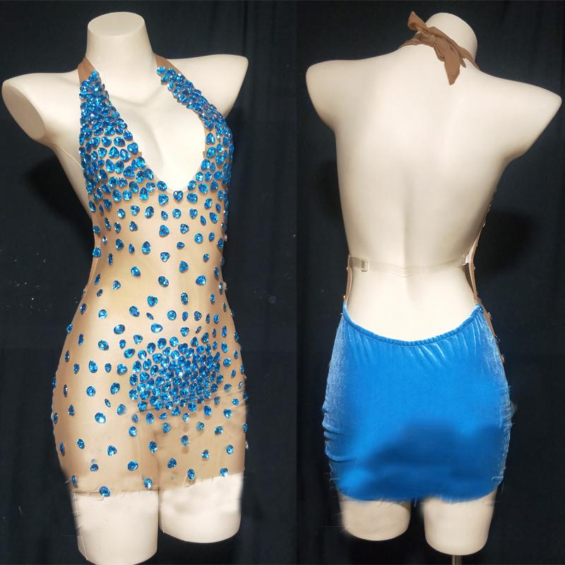 Stage Wear Blue Rhinestone Dress Sexy Transparent Elastic Mesh Velvet Skirt Evening Nightclub Dance Costume XS2791Stage, As picture
Stage Wear Blue Rhinestone Dress Sexy Transparent Elastic Mesh Velvet Skirt Evening Nightclub Dance Costume XS2791Stage, As picture
