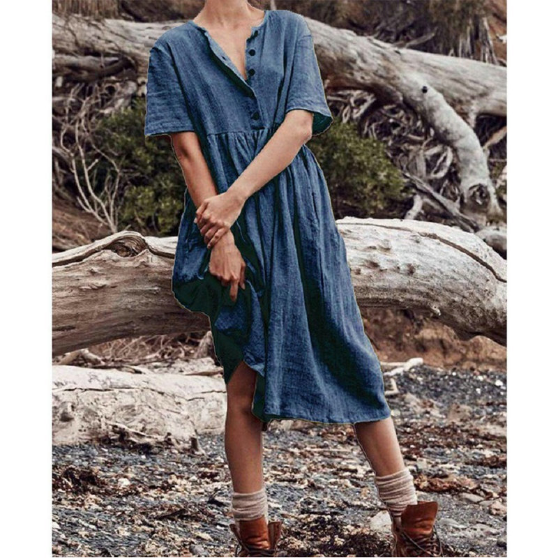 Summer Cotton Linen Midi Dress for Women Plunging Neckline Short Sleeve Long Dresses with Pocket High-Waisted Elegant Skirt