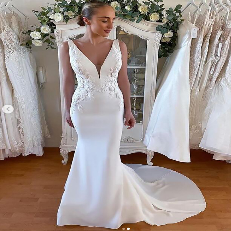 Elegant Detachable Train Mermaid Wedding Dress 2022 Sexy V Neck Satin Country Beach Wedding Dresses Vintage Lace Appliques Boho Bridal Gowns Vestido D