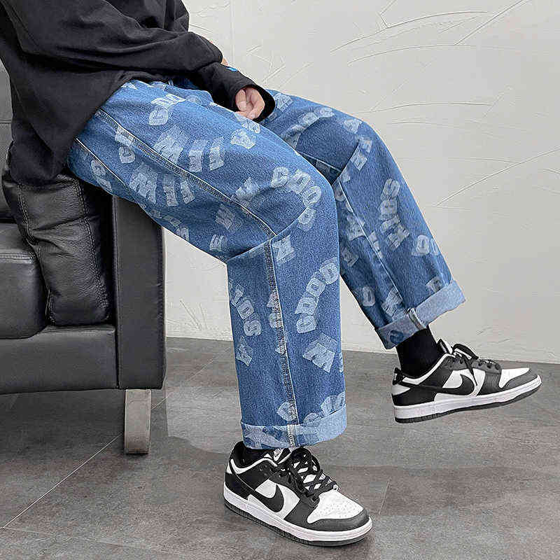 Fashion Men Wide Leg Jeans Letter print Streetwear Hip hop Straight Baggy Denim trend Pants Male Brand Trousers 2022 Autumn New G0104