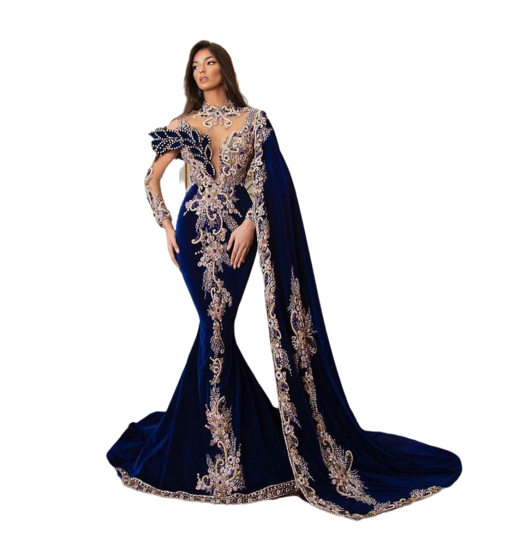 Royal Blue Arabic Prom Dress High Collar Applique Lace Mermaid Satin long sleeved Customized Evening Dresses Sheer Hollow Back Ruched Party