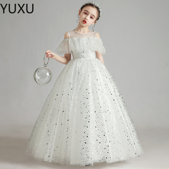 sequined Flower Girl Dresses for Bohemian Wedding Cheap Floor Length Cap Sleeve Empire Champagne Lace Ivory chiffon First holy Communion Dresses