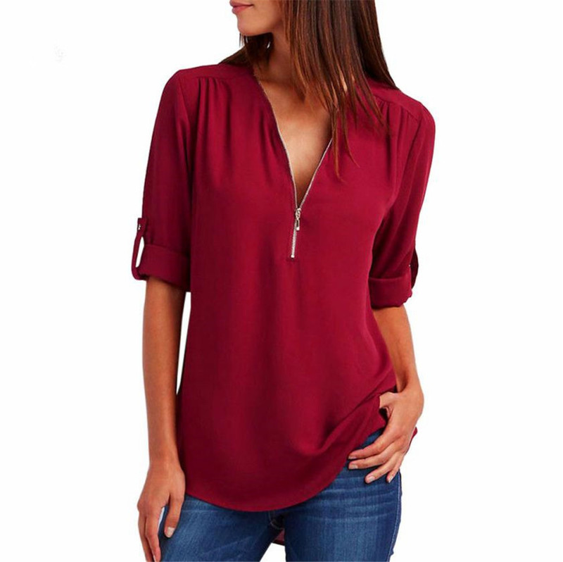 Solid Color Women chiffon Tshirt V neck Zipper irregular Loose Casual T shirts Spring Summer Oversizd Sexy Tops Tee 220714