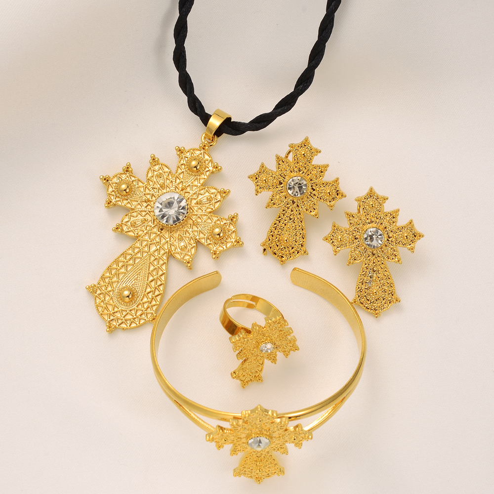 Ethiopian Traditiona cross Jewelry set Necklace Pendant Earrings Ring Ethiopia Gold Zircon Eritrea sets Women's Habesha Wedding, Golden
Ethiopian Traditiona cross Jewelry set Necklace Pendant Earrings Ring Ethiopia Gold Zircon Eritrea sets Women's Habesha Wedding, Golden