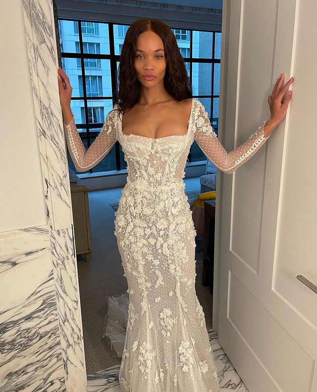 Pallas Couture Mermaid Beach Wedding Dresses with Detachable Train 2022 Square Neck Long Sleeve 3D Floral Lace Trumpet Bridal Gowns