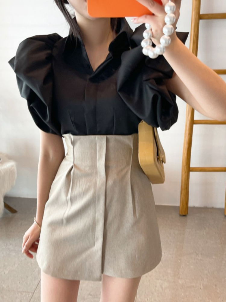 Woherb Vintage Puff Sleeve Elegant Shirt White Black All Match Blouse Turn Down Collar Office Ladies Blusa Female Casual Tops 220407