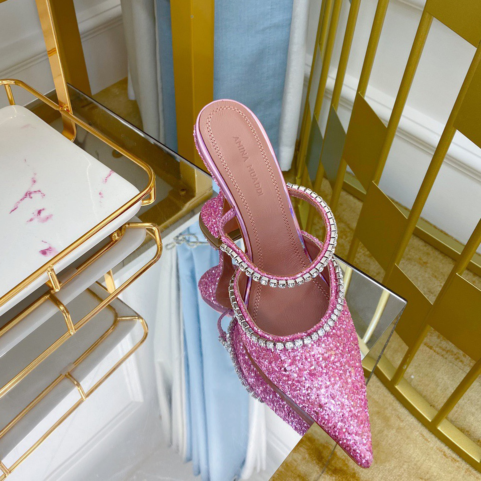 

Amina Muaddi Gilda crystals-embellished Glitter mules slippers Slip On pointed toe heels Pedestal high-heeled luxury designers slipper for women factory footwear, Silver