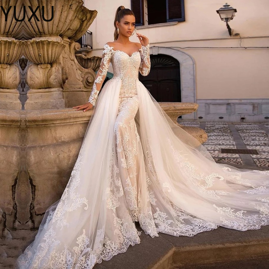 Custom Made Mermaid Wedding Dresses Up Organza Chapel Train Lace Applique Bridal Gowns Sexy Cheap Plus Size Wed Dress 403