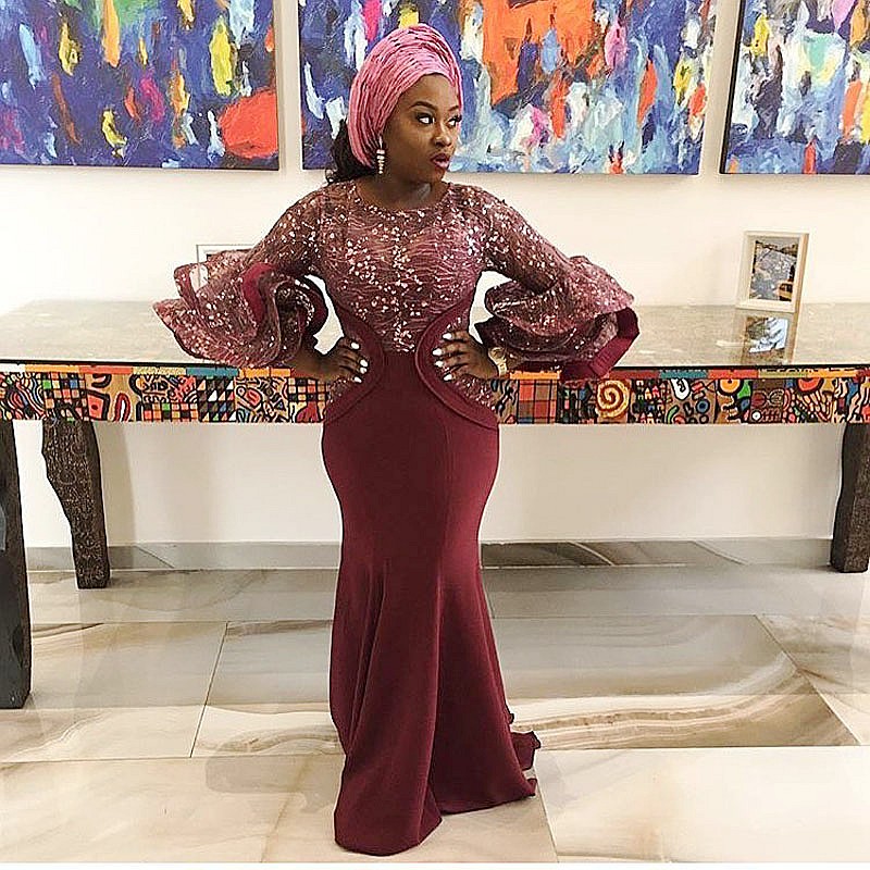 African Women Mermaid Evening Dressees Sequined Lace And Satin 3/4 Long Sleeves Ruffles Prom Gowns obes de soirée, Burgundy
African Women Mermaid Evening Dressees Sequined Lace And Satin 3/4 Long Sleeves Ruffles Prom Gowns obes de soirée, Burgundy