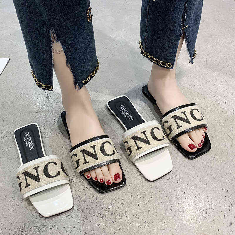 2022 New Open Toe Ladies Slippers Casual Fashion Letters Flat Heel Women's Home Casual Slippers Fashion Plus Size 35-42 Y220412