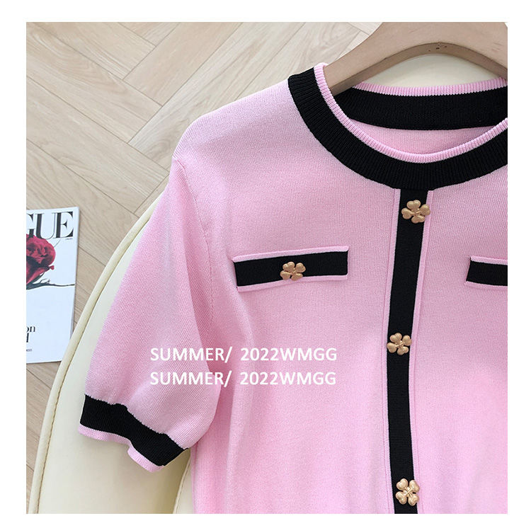 New design womens short sleeve o-neck color block flower buttons patched knits tees plus size SMLXL