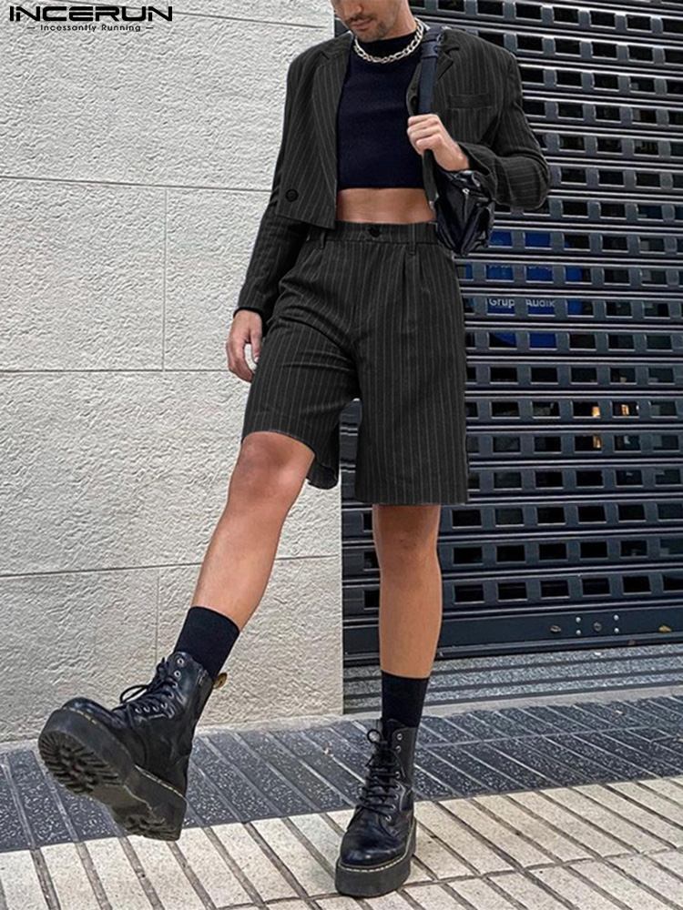 Stylish Casual Men s Streetwear Sets Party Nightclub Style Striped Short Suit Five point Pants Suits S 5XL INCERUN Tops 220708