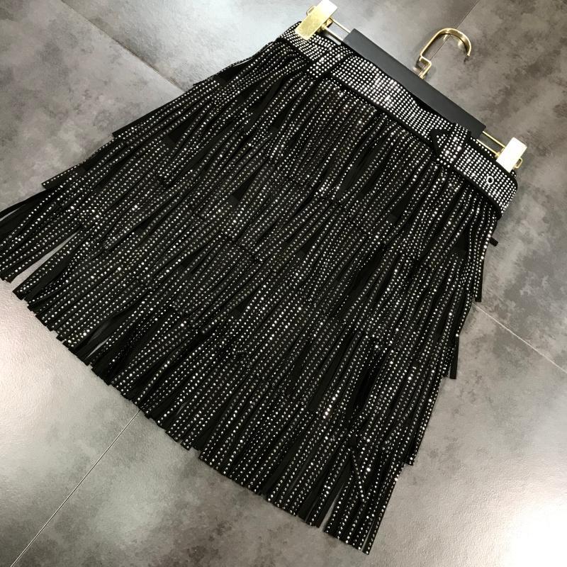 Faldas Mujer Spring Heavy Drilling s Fringed Skirt with Belt Women's High Waist Multi Layer Short Cake Skirts 220322