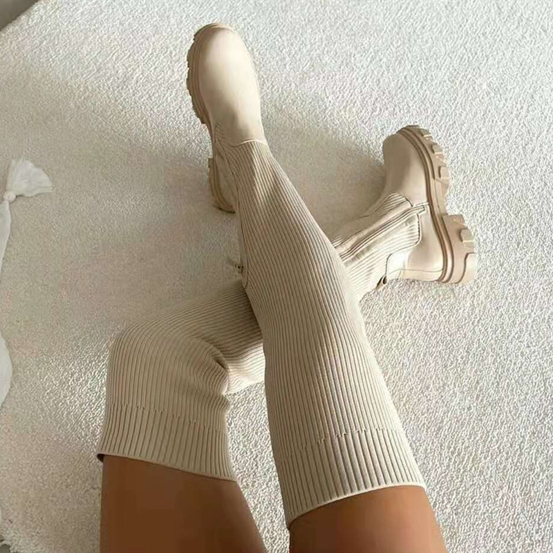 Flats Shoes Thick Sole Boots Autumn Winter Breathable Knitting Upper Women Thigh High Boots Stretch Round Toe Black Boots 220316