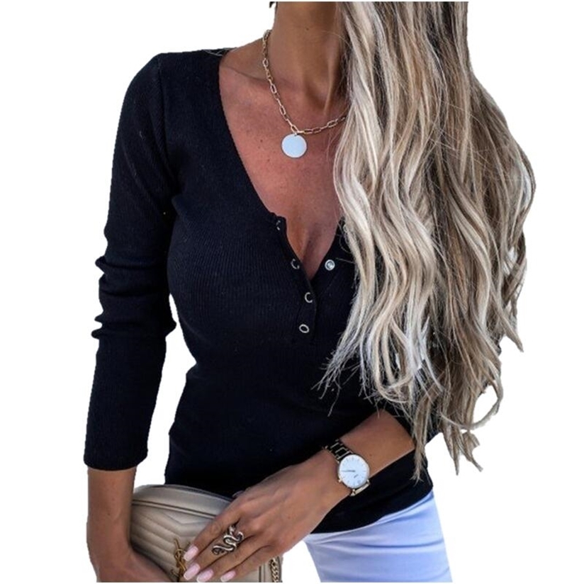 Women Causal Long Sleeve Slim Fit Shirts Autumn Knitted Ribbed Pullover Button Tops Elegant V-Neck Solid Henley 220328