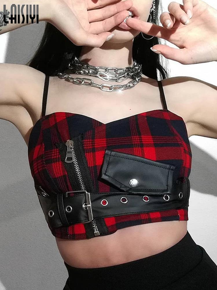 Sexy Straps Tank Top Women Gothic PU Red Plaid Streetwear Sashes Belt Zipper Punk Girl Summer Casual Crop Tops Camis 220325