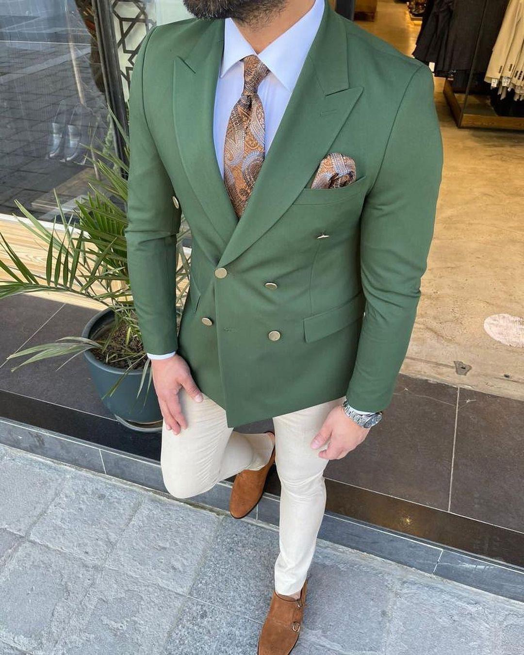 Handsome Dark Green Men Wedding Tuxedos Double Breasted Groom Jacket Suits Party Prom Blazer Clothes Business Wear (Jacket + Pants)