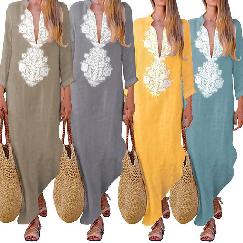 Front Printing Boho Casual Dress Long Sleeve V neck Women Dresses Clothes Loose Ladies Party Summer Casual Beach Sundress -2XL, Khaki 
Front Printing Boho Casual Dress Long Sleeve V neck Women Dresses Clothes Loose Ladies Party Summer Casual Beach Sundress -2XL, Khaki