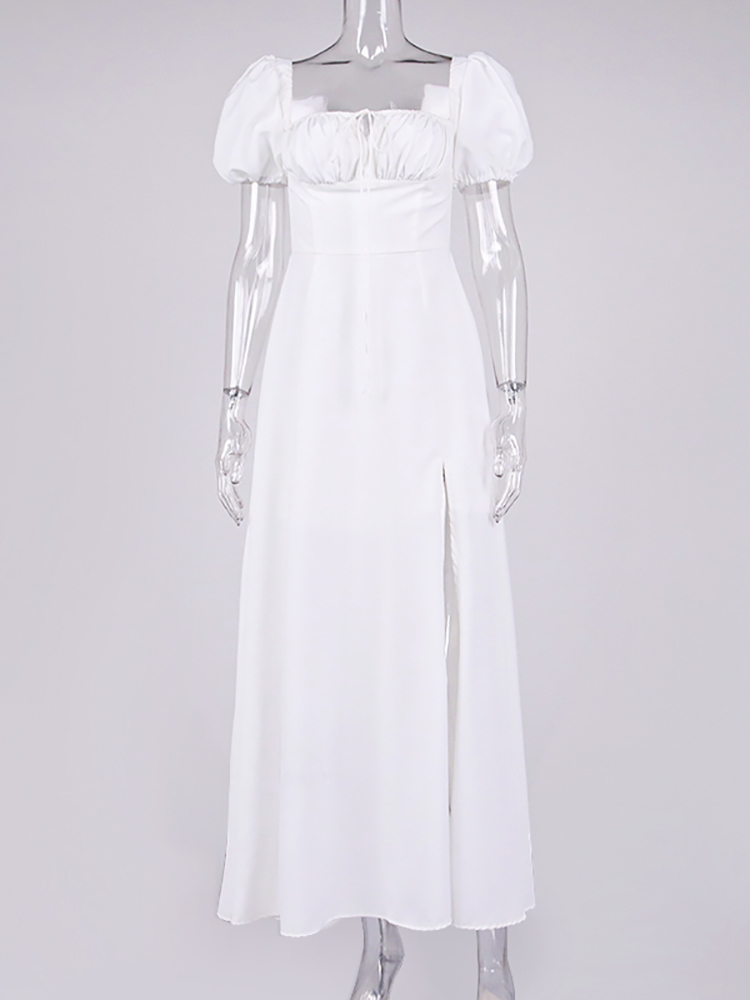 Asia Puff Sleeve White Dress Off Shoulder Cut out Tie up Side Split Ruched Long Dress robe femme Summer Dress for Women 220511