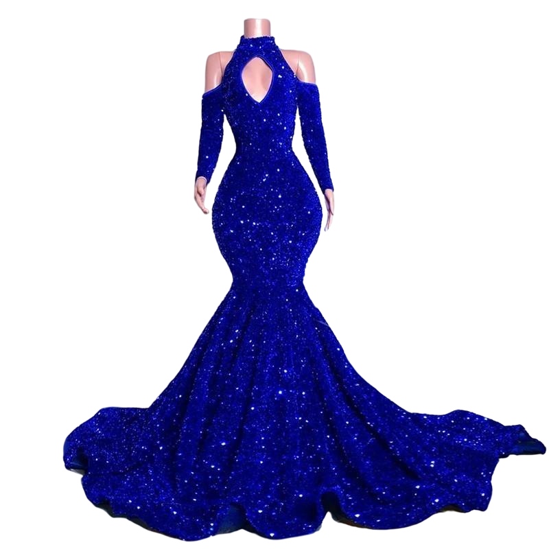 Royal Blue Mermaid Arabic Prom Dresses with Long Sleeve 2022 Sparkly Beaded Sequins High Neck African Aso Ebi Evening Engagemtn Gown