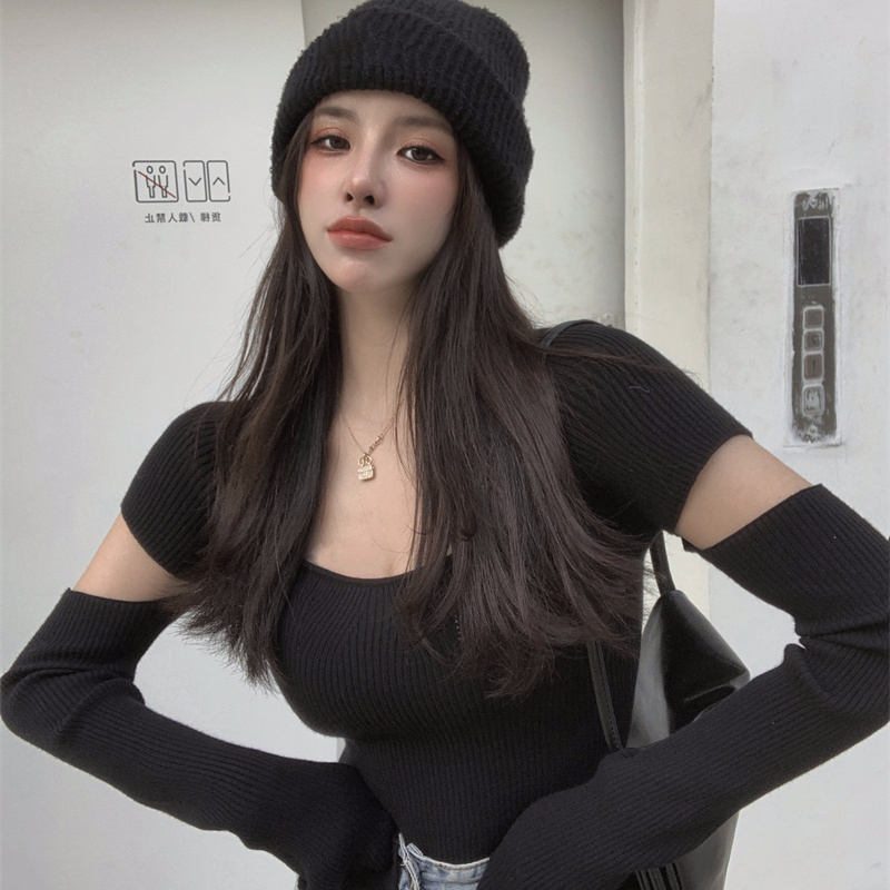 Y2k Knitted T-shirt Women's Fall/winter Square Neckline, Black Tight-fitting Hollow Out Short, Inner Sweater Tops 220321