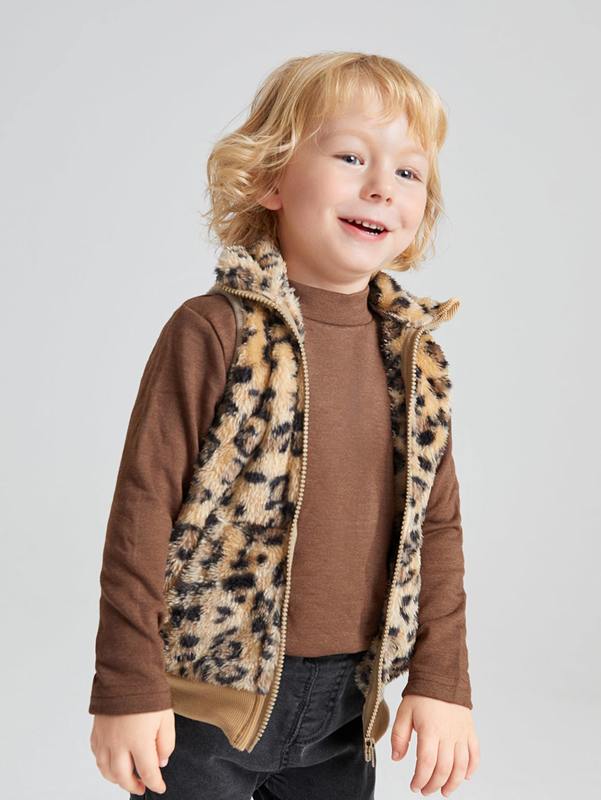 Toddler Boys Leopard Pattern Teddy Vest Jacket SHE