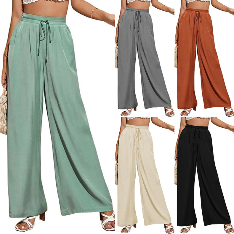 pants European and American summer new women's high waist casual trousers solid color elastic waist tie loose wide leg women