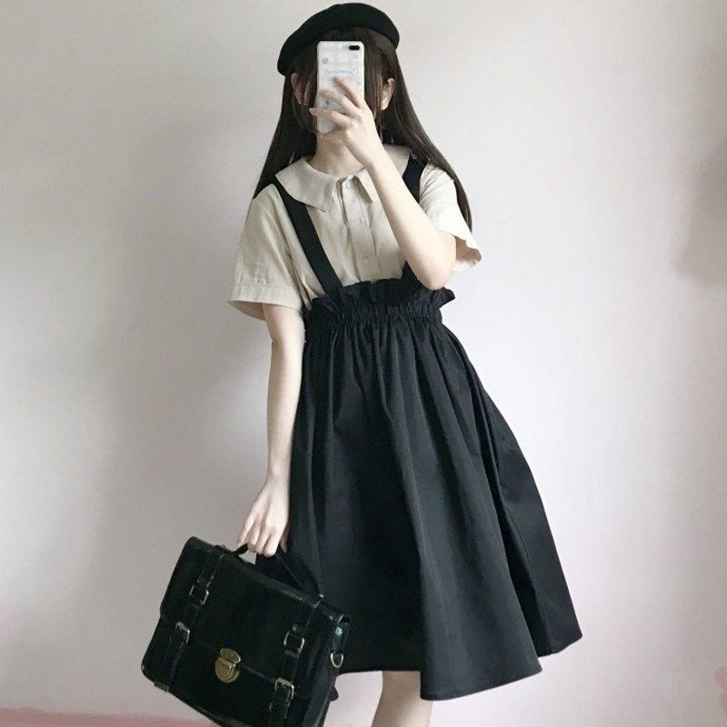 Spring Autumn Women Skirt Casual Sweet A-line Long s Solid Simplicity Strap Female Japan Style 220317