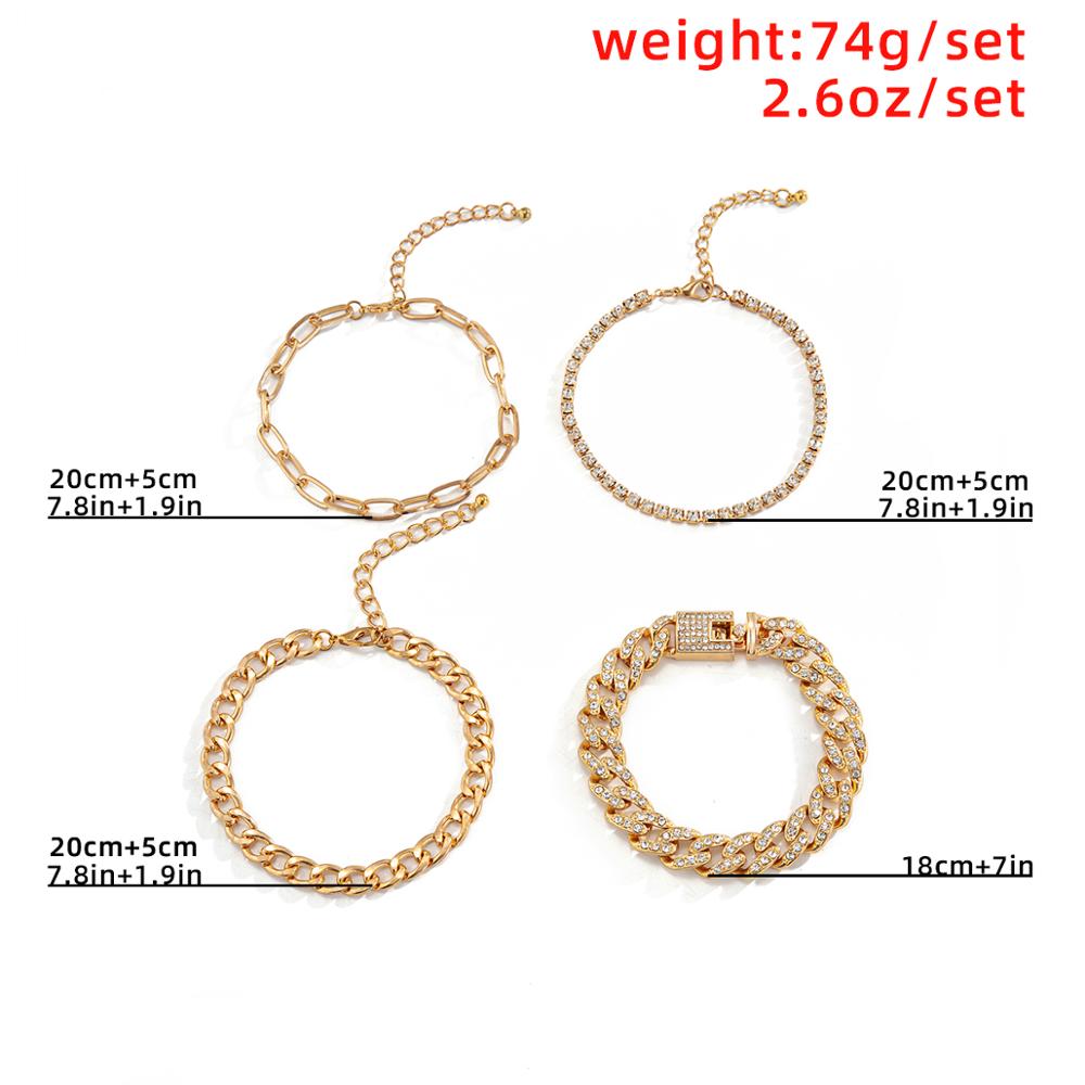 4pcs/set Luxury Bling Diamond Link Bracelet Set Tennis Cuban Bangle Bracelets for Women and Men Adjustable Clear Crystal Chunky Charms Wristband Hand 