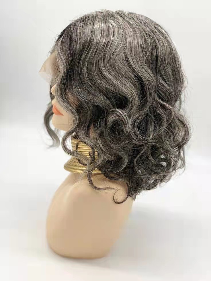 Silver grey salt n pepper color gray human hair wigs HD t part 13x4x1 lace front wig 14inch 150%density short wavy bob for black women