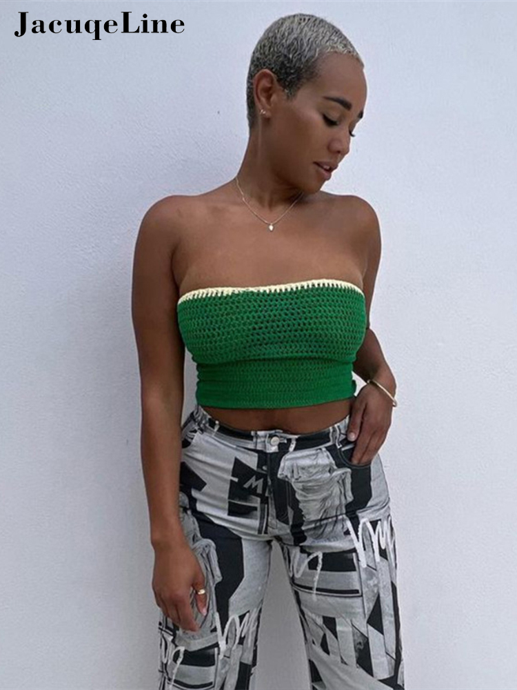 JacuqeLine Summer Y2K Green Knitted Strapless Crop Top Women Sleeveless Patchwork Vintage Bandage Sexy Tank Tops Backless 220316