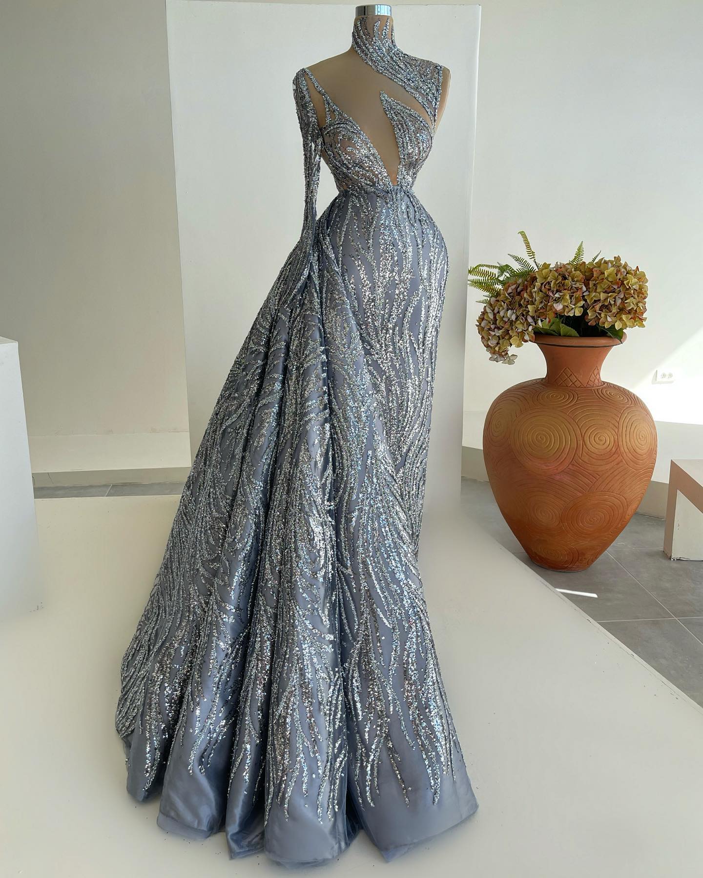 Glitter Sequined High Neck Prom Dresses One Shoulder Party Dresses Mermaid Floor Length Custom Made Evening Dress