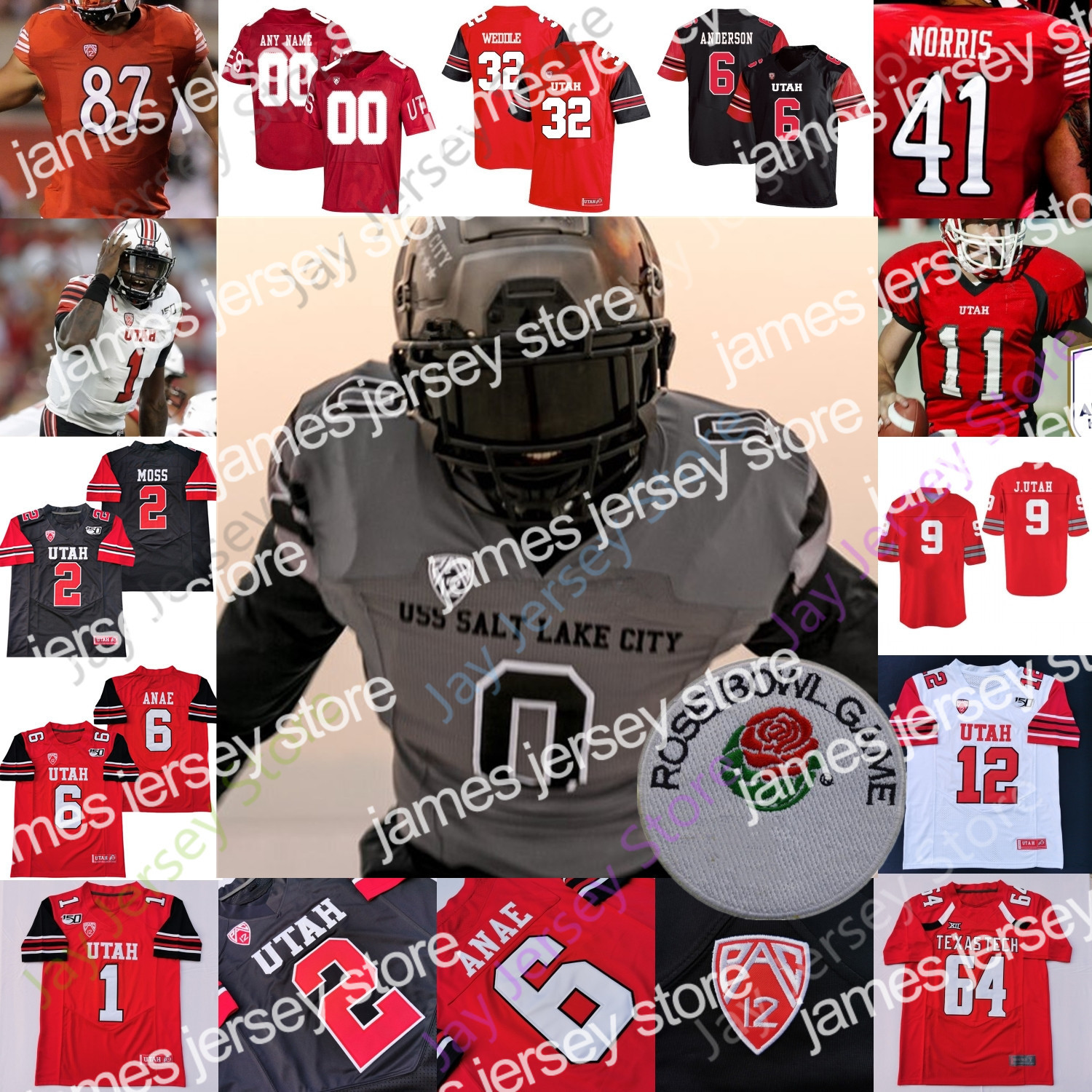 James ROSE Bowl Utah Utes Football Jersey NCAA College Devin Lloyd Zack Moss Brant Kuithe Charlie Brewer Cameron Rising Tavion Thomas Micah