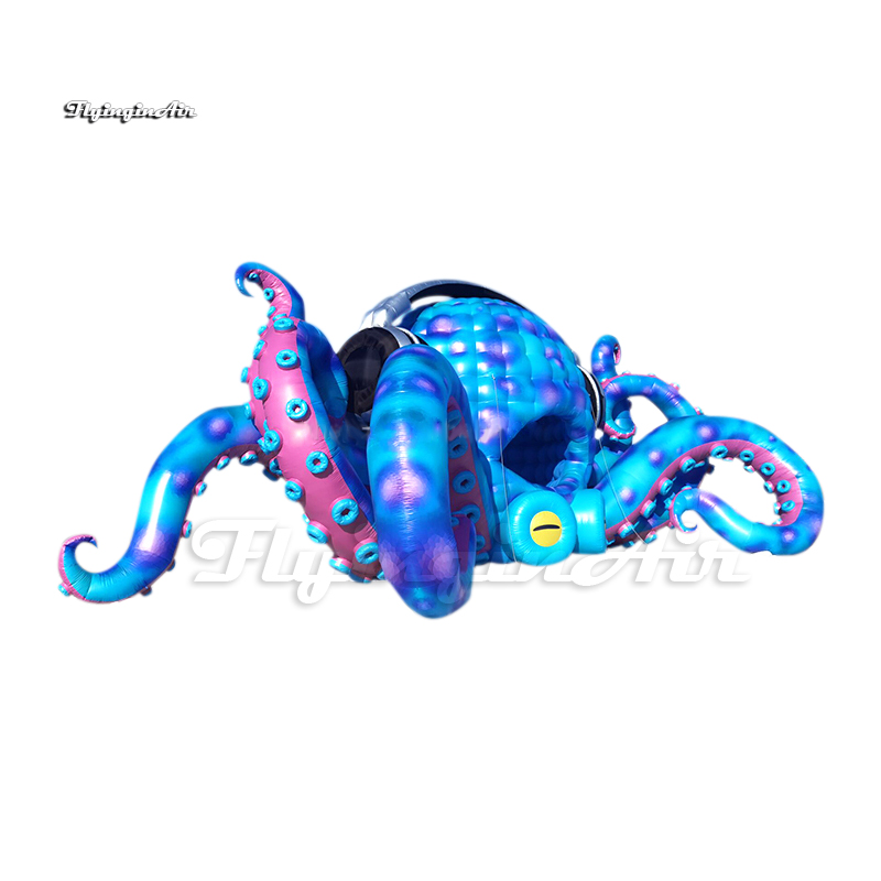 Outdoor Cartoon Animal Model Giant Inflatable Octopus Personalized DJ Booth Blue Air Blow Up Deep Sea Octopus With Headphone For Concert Stage