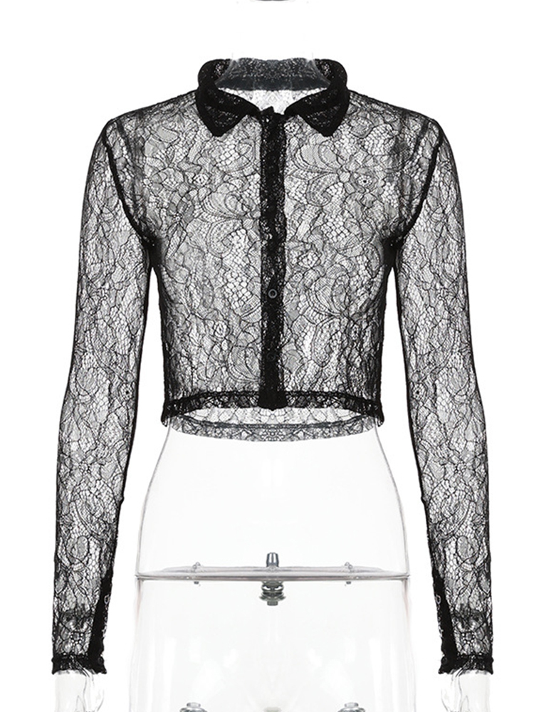 Lace Shirt Women Long Sleeve Crop Top Fall Spring Solid Mesh Top See Through Sexy Streetwear Black Slim Button Up Blouses 220516