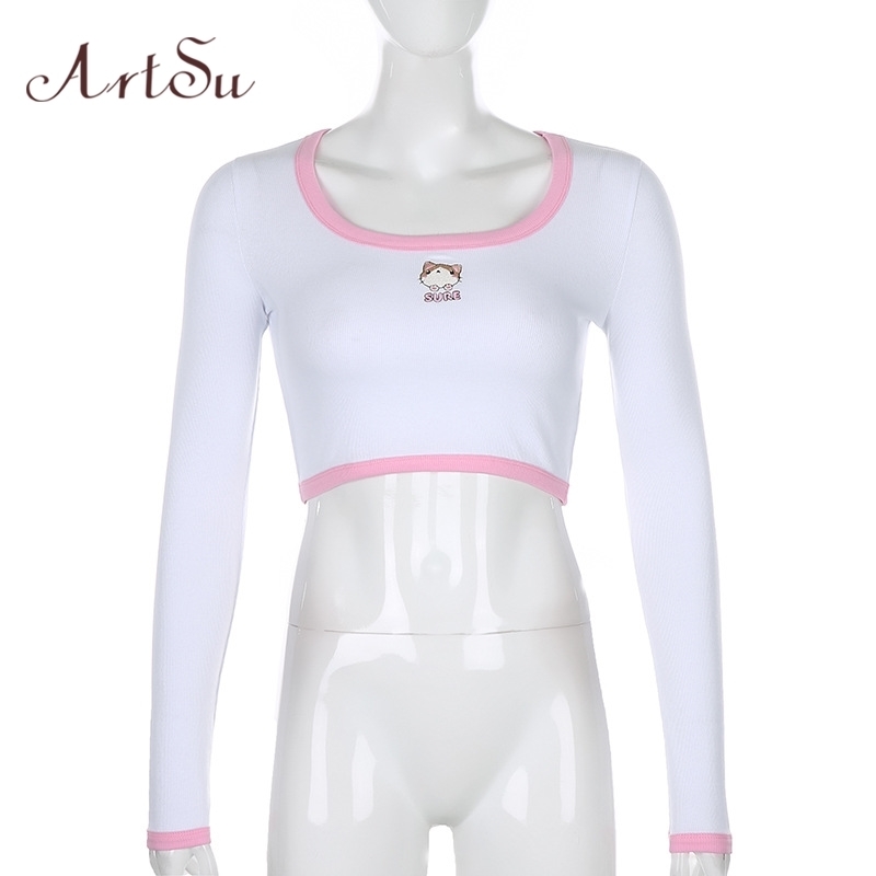 Artsu Streetwear Cartoon Embroidery Crop Top Patchwork Rib Knitted T Shirt Women Harajuku Long Sleeve Slim Basic Tee TS41677 220714