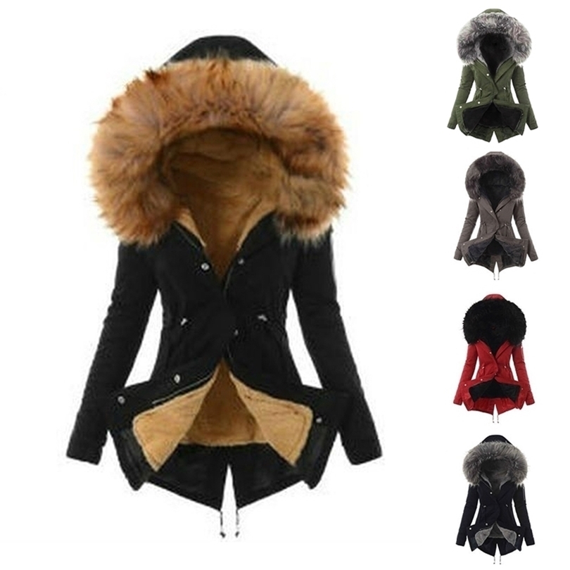 Winter Coat Women Solid hoodies Slim Fit Jackets Warm Plush Zipper Fur Hooded Outwear Female Jacket Chaqueta Mujer 201019