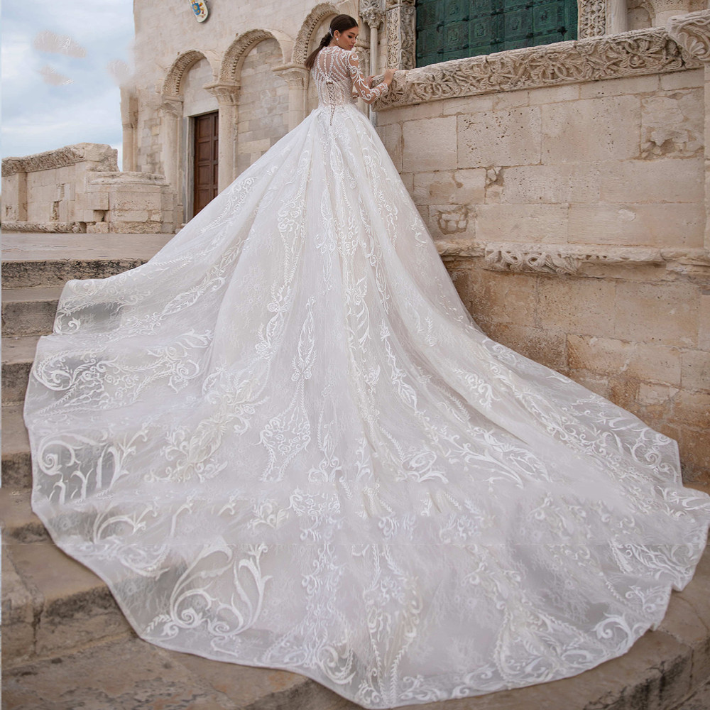 Ball Gown Wedding Dresses Sequins Beads Sexy V Neck Long Sleeves or Length Train Elegant High Waist urious Lace Ruffles Vintage Robes De Soiree