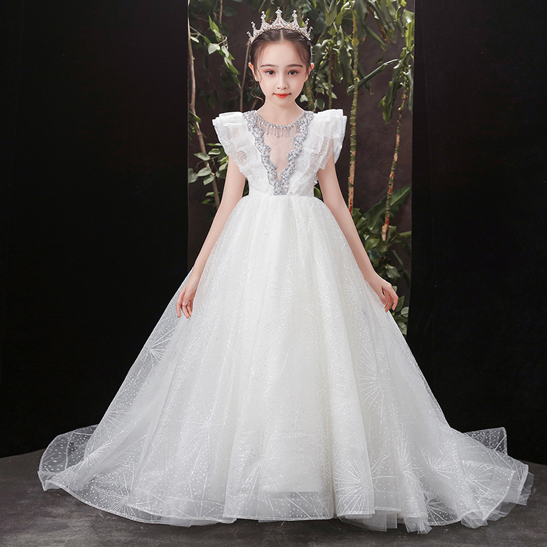 2022 White Flower Girl Dresses for Wedding Jewel Neck Ball Gown Lace Appliques Beads Diamond Kids Girls Pageant Dress Sweep Train Birthday Gowns