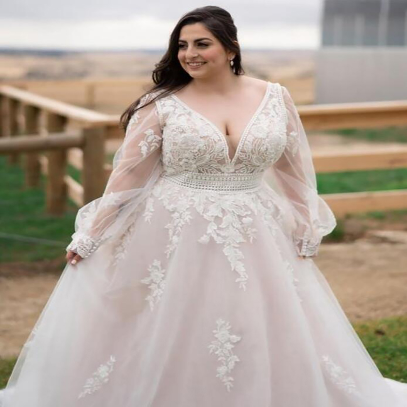 Plus Size Boho Wedding Dress 2022 Sexy V Neck Lace Backless Beach Country Bride Dress Long Sleeve Bohemian Garden Women Party Robe Mariage Vestidos de