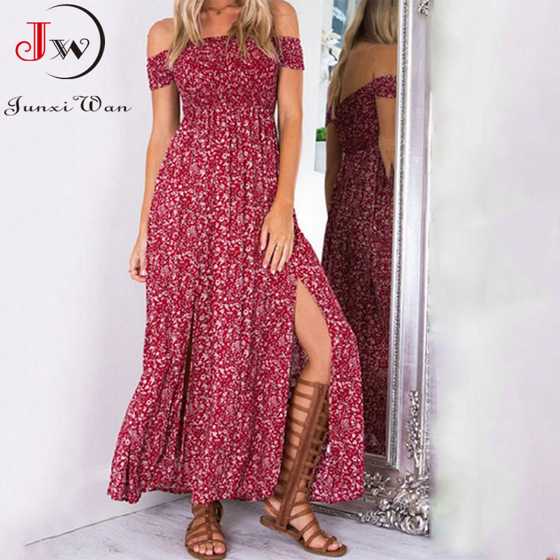 Women Summer Chiffon Long Dress Sexy Slash Neck Strapless Front Split Casual Elegant Floral Print Boho Beach Dresses 220516