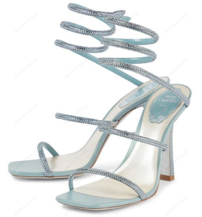 RENE CAOVILLA 10cm stiletto High heel Sandals CRYSTAL Karung Light Blue Snakelike twining rhinestone sandals women summer Top quality thick heels shoes largest 43