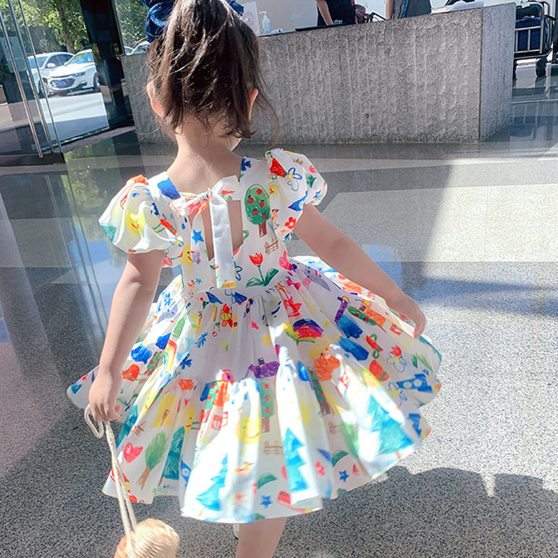 Summer Girls Dress Puff Sleeve Casual Cartoon Party Princess Dress Cute Childrens Wear Baby Kids Girls Clothing 220707