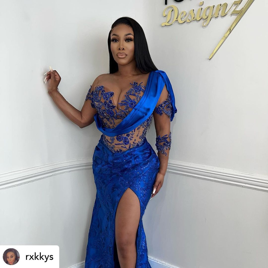 2022 Plus Size Arabic Aso Ebi Royal Blue Mermaid Prom Dresses Lace Beaded Evening Formal Party Second Reception Birthday Engagement Bridesmaid Gowns D
