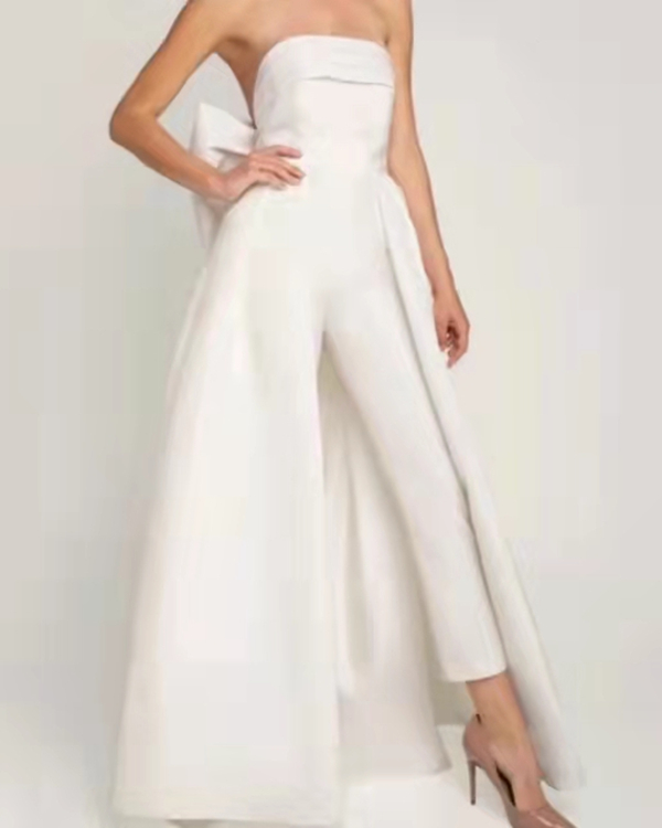 Fashion Designers Wedding Dress Ivory Satin Jumpsuit With Detachable Skirt Back Bow Bride Reception Gowns Sexy Strapless Backless Bridal Pants Suits